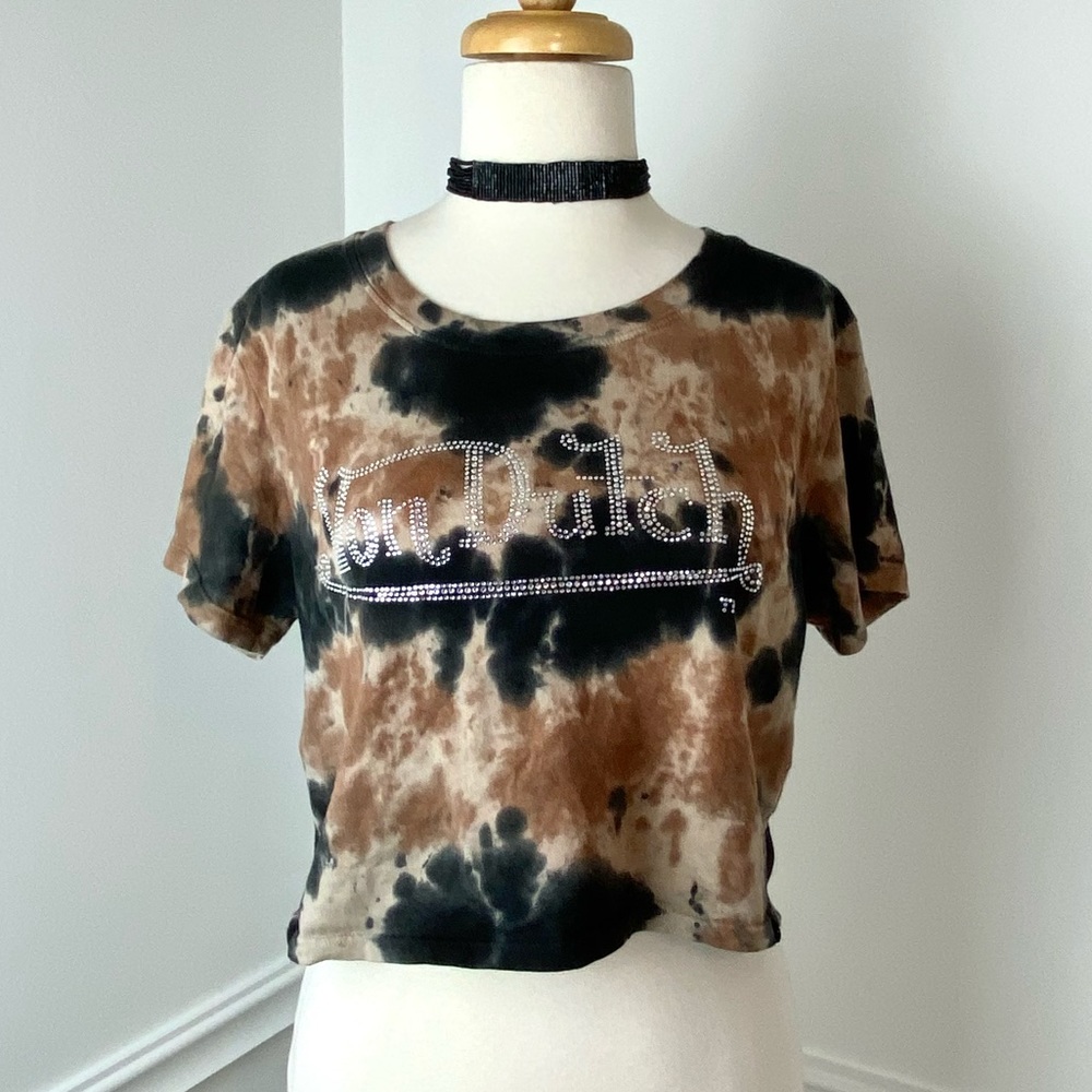 Von Dutch Tie Dye Studded Logo Cropped Tee L Crop Black Brown Tan